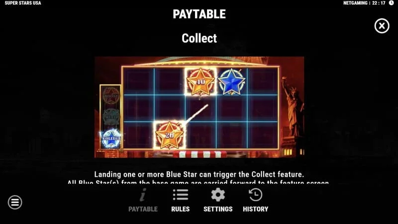 Super Stars USA - pag-trigger ng tampok na Collect